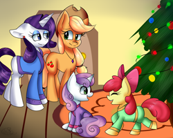 Size: 2500x2000 | Tagged: safe, artist:yoshiyoshi700, imported from derpibooru, apple bloom, applejack, rarity, sweetie belle, earth pony, pony, unicorn, bathrobe, christmas, christmas tree, clothes, female, filly, foal, holiday, mare, pajamas, rarijack, robe, shipping, tree