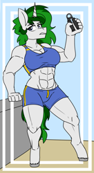 Size: 1183x2167 | Tagged: safe, artist:coatieyay, imported from derpibooru, oc, oc only, oc:baron, anthro, unguligrade anthro, unicorn, abs, breasts, female, muscles, muscular female, unshorn fetlocks, workout, workout outfit