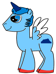 Size: 720x960 | Tagged: safe, artist:farhanazlan64, imported from derpibooru, oc, oc only, oc:afif, alicorn, pony, alicorn oc, blue eyes, blue mane, colored hooves, full body, hooves, horn, male, no tail, side view, simple background, smiling, solo, spread wings, stallion, standing, white background, wings