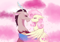 Size: 3508x2480 | Tagged: safe, artist:delfinaluther, imported from derpibooru, discord, fluttershy, draconequus, pegasus, pony, blushing, boop, chest fluff, chocolate, chocolate milk, chocolate rain, cloud, discoshy, duo, ear fluff, eyes closed, female, floppy ears, food, heart, male, mare, milk, noseboop, nuzzling, profile, rain, shipping, signature, smiling, straight, wings