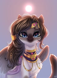 Size: 2300x3128 | Tagged: safe, artist:hakaina, imported from derpibooru, oc, oc only, sphinx, :<, chest fluff, cute, egyptian, facial markings, jewelry, looking at you, markings, solo, spread wings, sun, tail, tail fluff, wings