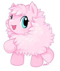 Size: 671x800 | Tagged: safe, artist:daintysweetheart, imported from derpibooru, oc, oc only, oc:fluffle puff, earth pony, pony, blue eyes, earth pony oc, female, fluffy, full body, hooves, open mouth, open smile, signature, simple background, smiling, solo, white background