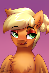 Size: 2000x3000 | Tagged: safe, artist:jedayskayvoker, imported from derpibooru, oc, oc:little orange, pegasus, pony, blushing, crossdressing, eyebrows, eyebrows visible through hair, eyeshadow, femboy, green eyes, lipstick, makeup, male, orange coat, pegasus oc, pegasus wings, pony oc, red eyeshadow, red lipstick, sissy, solo, stallion, tongue out, wings