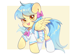 Size: 3507x2480 | Tagged: safe, artist:骨头, imported from derpibooru, oc, oc only, oc:lrivulet, oc:zoran, oc:左岸, pegasus, pony, bowtie, clothes, eye clipping through hair, female, looking at you, open mouth, open smile, raised hoof, school uniform, shirt, skirt, smiling, smiling at you, socks, spread wings, wings