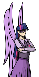 Size: 2403x4687 | Tagged: safe, artist:deroach, imported from derpibooru, twilight sparkle, alicorn, human, abstract background, clothes, crossed arms, cutie mark on clothes, equestria project humanized, humanized, simple background, transparent background, twilight sparkle (alicorn), winged humanization, wings