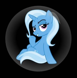 Size: 684x698 | Tagged: safe, artist:carlosuriel13, imported from derpibooru, trixie, pony, unicorn, black background, bubble, female, grin, hooves, horn, in bubble, lidded eyes, mare, purple eyes, raised eyebrow, simple background, sitting, smiling, solo, tail, two toned mane, two toned tail