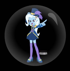 Size: 686x701 | Tagged: safe, artist:carlosuriel13, imported from derpibooru, trixie, equestria girls, black background, bubble, female, in bubble, open mouth, open smile, pointing, simple background, smiling, solo, standing