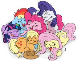 Size: 2096x1659 | Tagged: safe, artist:doodledonutart, imported from derpibooru, applejack, fluttershy, pinkie pie, rainbow dash, rarity, twilight sparkle, alicorn, earth pony, pegasus, pony, unicorn, :p, cuddle puddle, cuddling, cute, dashabetes, diapinkes, eyes closed, jackabetes, mane six, open mouth, pony pile, raribetes, shyabetes, sleeping, snoring, tongue out, twiabetes, twilight sparkle (alicorn)