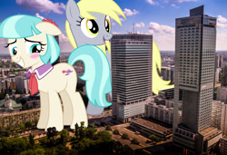Size: 2405x1642 | Tagged: safe, artist:dashiesparkle, artist:theotterpony, imported from derpibooru, coco pommel, derpy hooves, earth pony, pegasus, pony, building, duo, female, giant pony, giantess, high res, highrise ponies, irl, macro, mare, photo, poland, ponies in real life, story included, warsaw