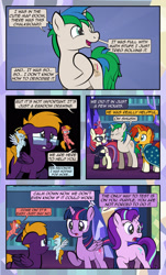 Size: 1920x3169 | Tagged: safe, artist:alexdti, imported from derpibooru, moondancer, starlight glimmer, sunburst, twilight sparkle, oc, oc:aqua lux, oc:purple creativity, oc:star logic, oc:warm focus, alicorn, pegasus, pony, unicorn, comic:quest for friendship, :p, blaze (coat marking), blue eyes, cloak, clothes, coat markings, comic, crossed hooves, dialogue, ears back, eye contact, eyes closed, facial markings, female, folded wings, frown, glasses, green eyes, gritted teeth, halo, high res, hoof on chest, hoof over mouth, hooves, hooves behind head, horn, looking at each other, looking at someone, looking back, male, mare, multicolored mane, multicolored tail, open mouth, open smile, pegasus oc, purple eyes, raised hoof, shoulder angel, shoulder devil, smiling, socks (coat markings), speech bubble, spread wings, stallion, standing, starry eyes, sunburst's cloak, tail, tongue out, twilight sparkle (alicorn), two toned mane, two toned tail, unicorn oc, wall of tags, wingding eyes, wings