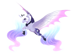 Size: 4400x3200 | Tagged: safe, artist:gigason, imported from derpibooru, oc, oc:nightwatch, alicorn, bat pony, bat pony alicorn, pony, bat wings, crown, ethereal mane, female, hoof shoes, horn, hybrid wings, jewelry, mare, regalia, simple background, solo, starry mane, transparent background, wings