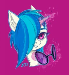 Size: 1176x1280 | Tagged: safe, artist:liss, imported from derpibooru, dj pon-3, vinyl scratch, pony, unicorn, bust, hair over one eye, magic, purple background, simple background, solo, telekinesis, vinyl's glasses
