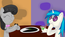 Size: 1760x1000 | Tagged: safe, artist:kanw, imported from derpibooru, dj pon-3, octavia melody, vinyl scratch, earth pony, unicorn, acid, bowtie, dinner, duo, eating, i don't get it, room, table, wat