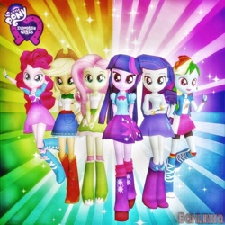 Size: 1024x1024 | Tagged: safe, artist:bahlinka, imported from derpibooru, applejack, fluttershy, pinkie pie, rainbow dash, rarity, twilight sparkle, equestria girls, equestria girls (movie), 3d, clothes, equestria girls logo, female, humane five, humane six, looking at you, open mouth, open smile, rainbow background, smiling, smiling at you, source filmmaker, xnalara