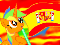 Size: 424x319 | Tagged: artist needed, safe, imported from derpibooru, oc, oc only, pony, unicorn, 1000 hours in ms paint, female, flag, hoof on chest, horn, mare, multicolored mane, open mouth, open smile, orange eyes, smiling, solo, spain, unicorn oc