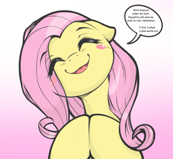 Size: 1118x1024 | Tagged: safe, artist:kurogewapony, edit, editor:adamleisemann, imported from derpibooru, fluttershy, pegasus, pony, blushing, cute, daaaaaaaaaaaw, evil, eye clipping through hair, eyebrows, eyebrows visible through hair, eyes closed, female, gradient background, hooves together, implied discord, implied manipulation, mare, open mouth, open smile, pure unfiltered evil, scheming, shyabetes, smiling, solo, speech bubble, text edit