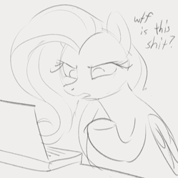 Size: 655x658 | Tagged: safe, artist:dotkwa, imported from derpibooru, fluttershy, pegasus, pony, computer, female, grayscale, laptop computer, mare, monochrome, sketch, solo, vulgar