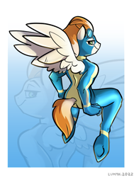 Size: 1427x1889 | Tagged: safe, artist:lummh, imported from derpibooru, fire streak, anthro, pegasus, unguligrade anthro, ass, bodysuit, butt, clothes, solo, uniform, wonderbolts uniform, zoom layer