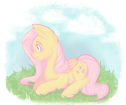 Size: 716x595 | Tagged: safe, artist:cupple, imported from derpibooru, fluttershy, pegasus, pony, female, folded wings, grass, looking away, lying down, mare, outdoors, profile, prone, solo, wings