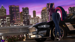 Size: 3840x2160 | Tagged: safe, artist:shadowboltsfm, imported from derpibooru, twilight sparkle, anthro, plantigrade anthro, 3d, 4k, ass, blender, breasts, busty twilight sparkle, butt, car, city, clothes, feet, female, ford mustang, high heels, high res, jeans, nail polish, night, not sfm, open-toed shoes, pants, rear view, sexy, shoes, solo, toes, twibutt