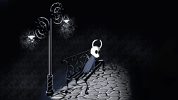 Size: 4000x2250 | Tagged: safe, artist:enteryourponyname, imported from derpibooru, pony, bench, black background, cloak, clothes, cobblestone street, hollow knight, lamppost, night, ponified, simple background, solo