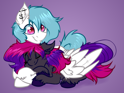 Size: 4000x3000 | Tagged: safe, artist:witchtaunter, imported from derpibooru, oc, oc only, oc:nimbus cloudington, oc:slipspace perigee, pegasus, pony, commission, couple, cuddling, duo, ear fluff, gradient background, sleeping, smiling, unshorn fetlocks