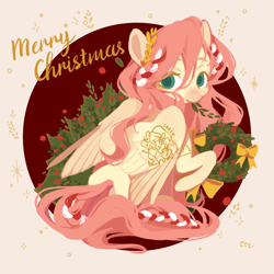 Size: 2500x2500 | Tagged: safe, artist:larix-u, imported from derpibooru, part of a set, fluttershy, pegasus, pony, braid, christmas, christmas wreath, cute, daaaaaaaaaaaw, female, high res, holiday, holly, laurel, looking at you, looking back, mare, merry christmas, obtrusive watermark, partially open wings, raised hoof, shyabetes, sitting, solo, turned head, watermark, wings, wreath