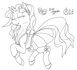 Size: 1200x1092 | Tagged: safe, artist:sepiakeys, imported from derpibooru, oc, oc only, oc:blue giggles, pony, unicorn, black and white, clothes, crossdressing, dress, ear fluff, eyes closed, grayscale, lineart, male, monochrome, palindrome get, prance, solo, stallion, stockings, thigh highs, trap