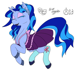 Size: 1200x1092 | Tagged: safe, artist:sepiakeys, imported from derpibooru, oc, oc only, oc:blue giggles, unicorn, clothes, crossdressing, dress, male, stallion, stockings, thigh highs, trap