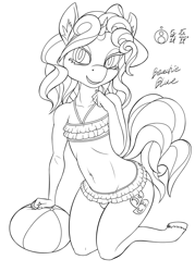 Size: 1024x1427 | Tagged: safe, artist:sepiakeys, imported from derpibooru, oc, oc only, oc:blue giggles, anthro, unicorn, anthro oc, beach ball, bikini, clothes, crossdressing, femboy, lineart, male, skirted bikini, swimsuit, trap