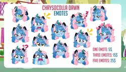 Size: 1200x690 | Tagged: safe, artist:jennieoo, imported from derpibooru, oc, oc:chrysocolla dawn, kirin, ahegao, angry, confused, crying, disgusted, emote, emotes, happy, in love, open mouth, peeping, scared, shocked, show accurate, simple background, sleepy, smiling, smug, solo, telegram sticker, tongue out, vector