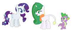 Size: 1152x468 | Tagged: safe, artist:macattackforever, imported from derpibooru, rarity, spike, oc, oc:radiant gem, dracony, dragon, hybrid, pony, unicorn, family, female, flower, flower in tail, interspecies offspring, male, offspring, parent:rarity, parent:spike, parents:sparity, shipping, simple background, sparity, straight, tail, transparent background