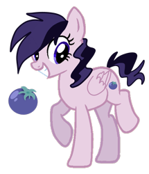 Size: 1443x1678 | Tagged: safe, artist:nitlynjane, imported from derpibooru, oc, oc only, oc:berrywee, pegasus, pony, blue tomato, cutie mark, female, folded wings, food, full body, grin, gritted teeth, hooves, mare, older, pegasus oc, raised hoof, raised leg, simple background, smiling, solo, standing, standing on two hooves, tail, tomato, transparent background, two toned mane, two toned tail, wings