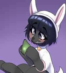 Size: 2000x2200 | Tagged: safe, artist:osukel, imported from derpibooru, oc, oc:mi, hybrid, original species, animal costume, avocado, blushing, bunny costume, bunny ears, clothes, costume, excited, excitement, food, not a pony, purple background, simple background, sitting, solo