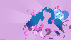 Size: 3840x2160 | Tagged: safe, artist:1alexgreen1, imported from derpibooru, izzy moonbow, pony, unicorn, abstract background, button, cutie mark, cutie mark background, female, g5, gradient mane, heart, horn, mare, my little pony: a new generation, signature, solo, standing, standing on one leg, sunburst background, wallpaper