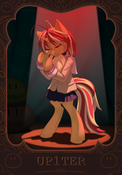 Size: 1668x2388 | Tagged: safe, artist:alrumoon_art, artist:up1ter, imported from derpibooru, sunset shimmer, pony, unicorn, equestria girls, alternate hairstyle, bipedal, clothes, cosplay, costume, crying, eyes closed, female, horn, hugging a pillow, shirt, skirt, solo, sunset cosplay flashmob, t-shirt, text