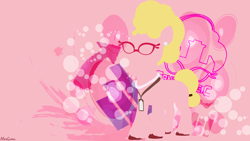 Size: 3840x2160 | Tagged: safe, artist:1alexgreen1, imported from derpibooru, earth pony, pony, abstract background, bubble, canter logic, female, g5, glasses, high res, hooves, jewelry, mare, my little pony: a new generation, name tag, necklace, pearl necklace, phyllis cloverleaf, signature, solo, text, wallpaper