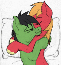 Size: 912x964 | Tagged: safe, artist:sefastpone, imported from derpibooru, big macintosh, oc, oc:anon, oc:anon stallion, earth pony, pony, black hair, black mane, canon x oc, colored sketch, cuddling, earth pony oc, gay, green coat, hug, male, maledom, malesub, pillow, snuggling, stallion, stallion on stallion, submissive