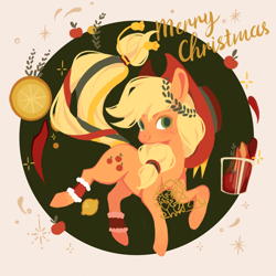 Size: 2500x2500 | Tagged: safe, artist:larix-u, imported from derpibooru, part of a set, applejack, earth pony, pony, apple, bells, christmas, clothes, cowboy hat, drink, female, food, hat, high res, holiday, laurel wreath, leg warmers, lemon, mare, obtrusive watermark, ribbon, solo, watermark