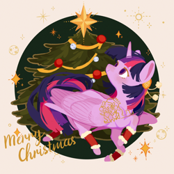 Size: 2500x2500 | Tagged: safe, artist:larix-u, imported from derpibooru, part of a set, twilight sparkle, alicorn, pony, christmas, christmas tree, clothes, colored pupils, female, hair accessory, high res, holiday, leg warmers, lying down, mare, obtrusive watermark, prone, solo, tree, twilight sparkle (alicorn), watermark