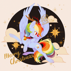 Size: 2500x2500 | Tagged: safe, artist:larix-u, imported from derpibooru, part of a set, rainbow dash, pegasus, pony, antlers, bell, bell collar, christmas, cloud, collar, colored pupils, female, high res, holiday, mare, obtrusive watermark, open mouth, profile, reindeer antlers, reindeer dash, solo, spread wings, stars, watermark, wings