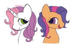 Size: 1280x823 | Tagged: safe, artist:riss-mlp, imported from derpibooru, scootaloo, sweetie belle, earth pony, unicorn, duo, female, g3, looking at each other, looking at someone, multicolored hair, signature, simple background, smiling, two toned mane, white background