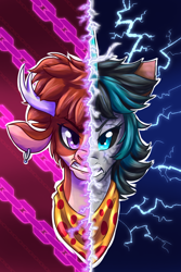 Size: 1200x1800 | Tagged: safe, artist:redahfuhrerking, imported from derpibooru, oc, oc only, cow, pony, bust, duality, portrait