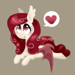 Size: 563x564 | Tagged: safe, artist:kaikururu, imported from derpibooru, oc, oc only, bat pony, pony, bat pony oc, bat wings, blushing, brown background, eyelashes, female, heart, lying down, mare, pictogram, prone, simple background, smiling, solo, wings