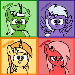 Size: 1099x1103 | Tagged: safe, artist:mrstheartist, imported from ponybooru, oc, oc only, oc:comment, oc:downvote, oc:favourite, oc:upvote, alicorn, earth pony, pegasus, pony, unicorn, derpibooru, bow, cute, derpibooru ponified, equine, female, feral, fictional species, grumpy, hasbro, looking at you, mammal, mare, meta, my little pony, ponified