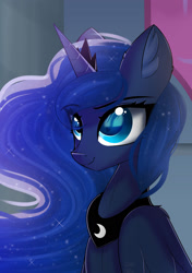 Size: 1280x1817 | Tagged: safe, artist:janelearts, imported from derpibooru, princess luna, alicorn, pony, bust, ear fluff, female, mare, portrait, smiling, solo
