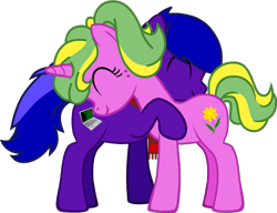 Size: 1335x1025 | Tagged: safe, artist:nicogamer3000, derpibooru exclusive, imported from derpibooru, oc, oc only, oc:lacey springs, oc:shock script, earth pony, pony, unicorn, ^^, duo, earth pony oc, eyes closed, female, freckles, hooves, horn, hug, male, mare, show accurate, simple background, smiling, stallion, standing, tail, transparent background, two toned mane, two toned tail, unicorn oc