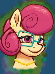 Size: 1535x2048 | Tagged: safe, artist:dummyhorse, imported from derpibooru, posey shy, pony, bust, ear piercing, earring, female, glasses, jewelry, looking at you, mare, necklace, piercing, portrait, smiling, solo, three quarter view