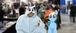 Size: 4096x1809 | Tagged: safe, artist:_ton618_, imported from derpibooru, rainbow dash, human, pegasus, pony, blurry background, clothes, cosplay, costume, dark skin, duo focus, eyebrows, eyebrows visible through hair, female, hoodie, human and pony, human male, looking at you, male, mare, real life background, smiling, thumbs up