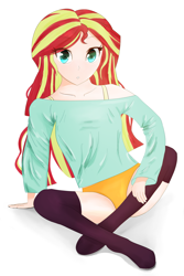 Size: 2385x3570 | Tagged: safe, artist:toffrox, imported from derpibooru, sunset shimmer, equestria girls, bra, bra strap, clothes, female, looking at you, loose fitting clothes, panties, simple background, sitting, socks, solo, stocking feet, stockings, thigh highs, underwear, white background